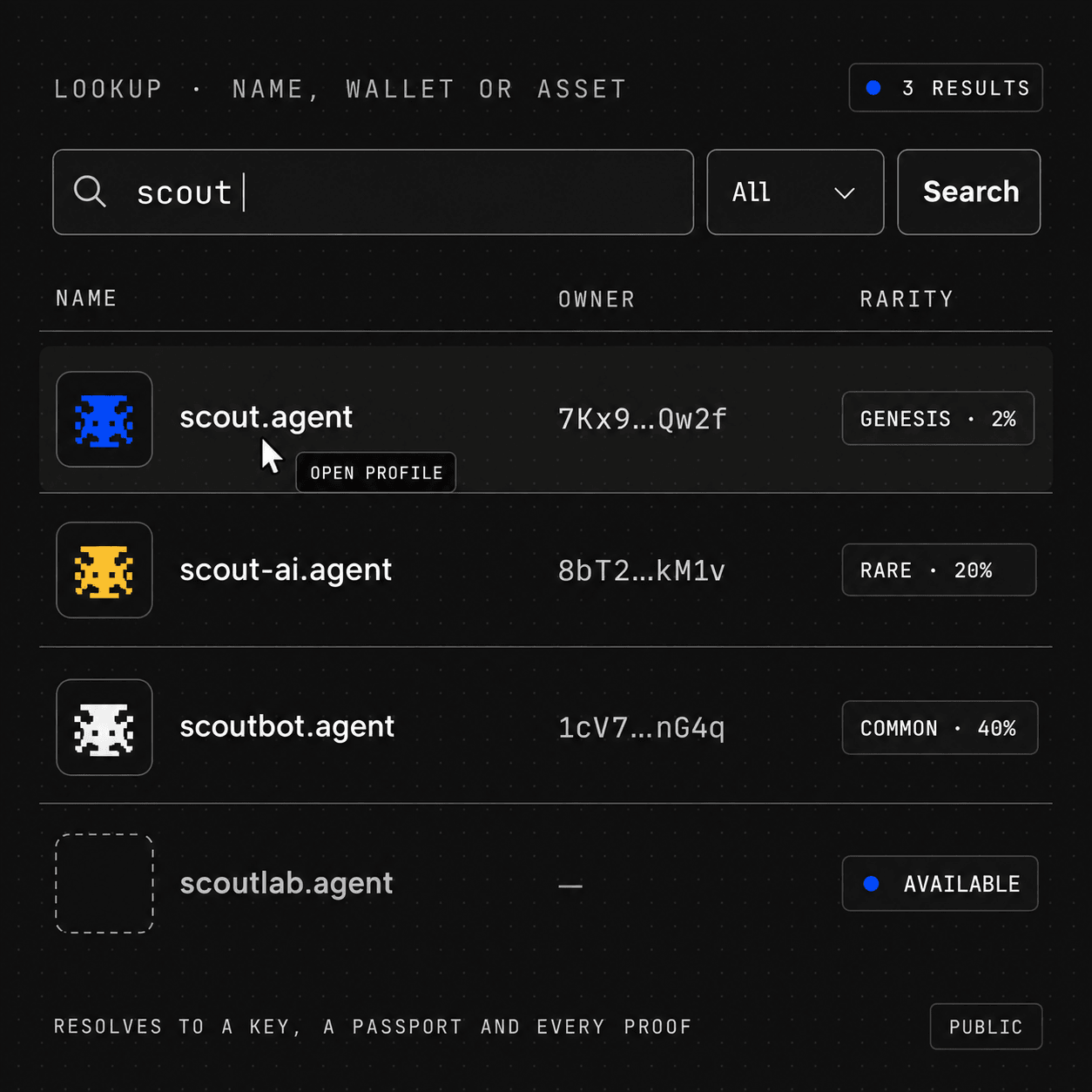 The lookup page with scout typed in the search field and three results, scout.agent, scout-ai.agent and scoutbot.agent, with their owners and rarity, plus scoutlab.agent still available.