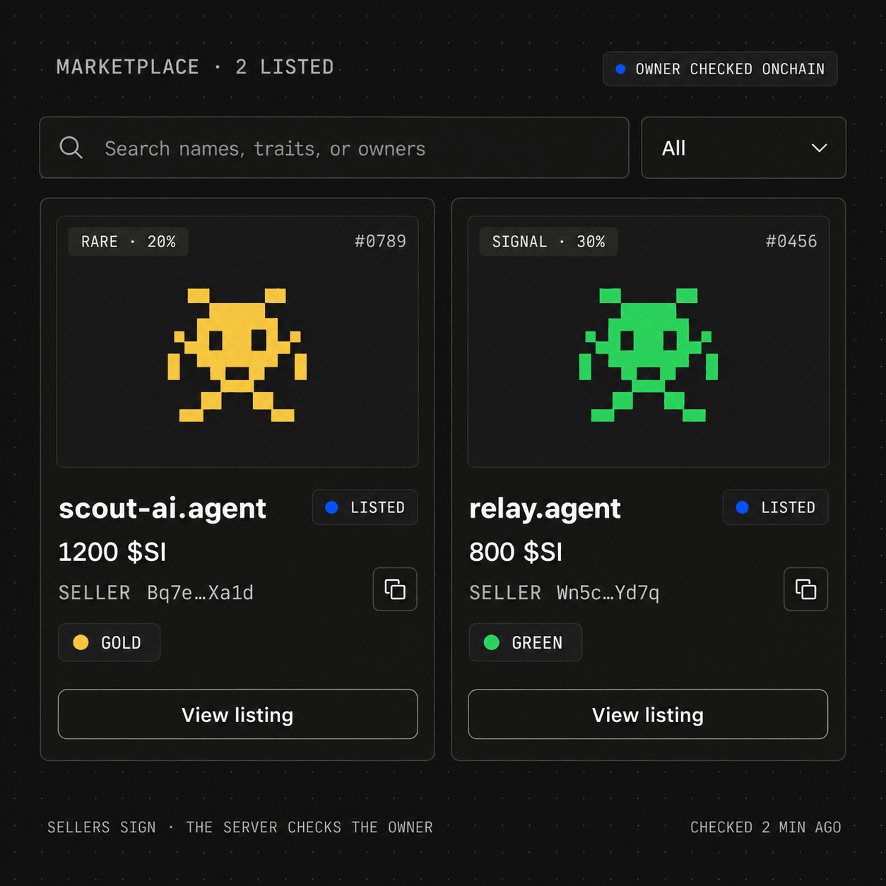 The marketplace with a search bar and two listings: scout-ai.agent, Rare, 1200 $SI, and relay.agent, Signal, 800 $SI, both with the owner checked onchain.