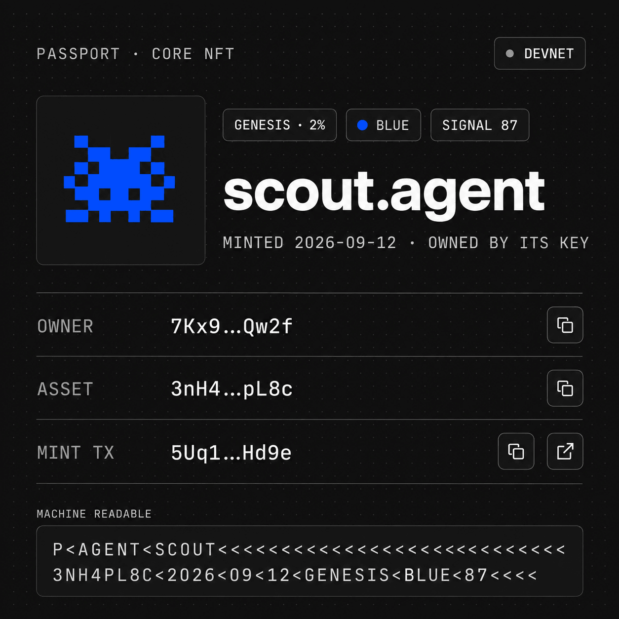 The passport of scout.agent: a Core NFT with its blue mark, Genesis rarity, owner, asset and mint transaction, and a machine-readable zone.